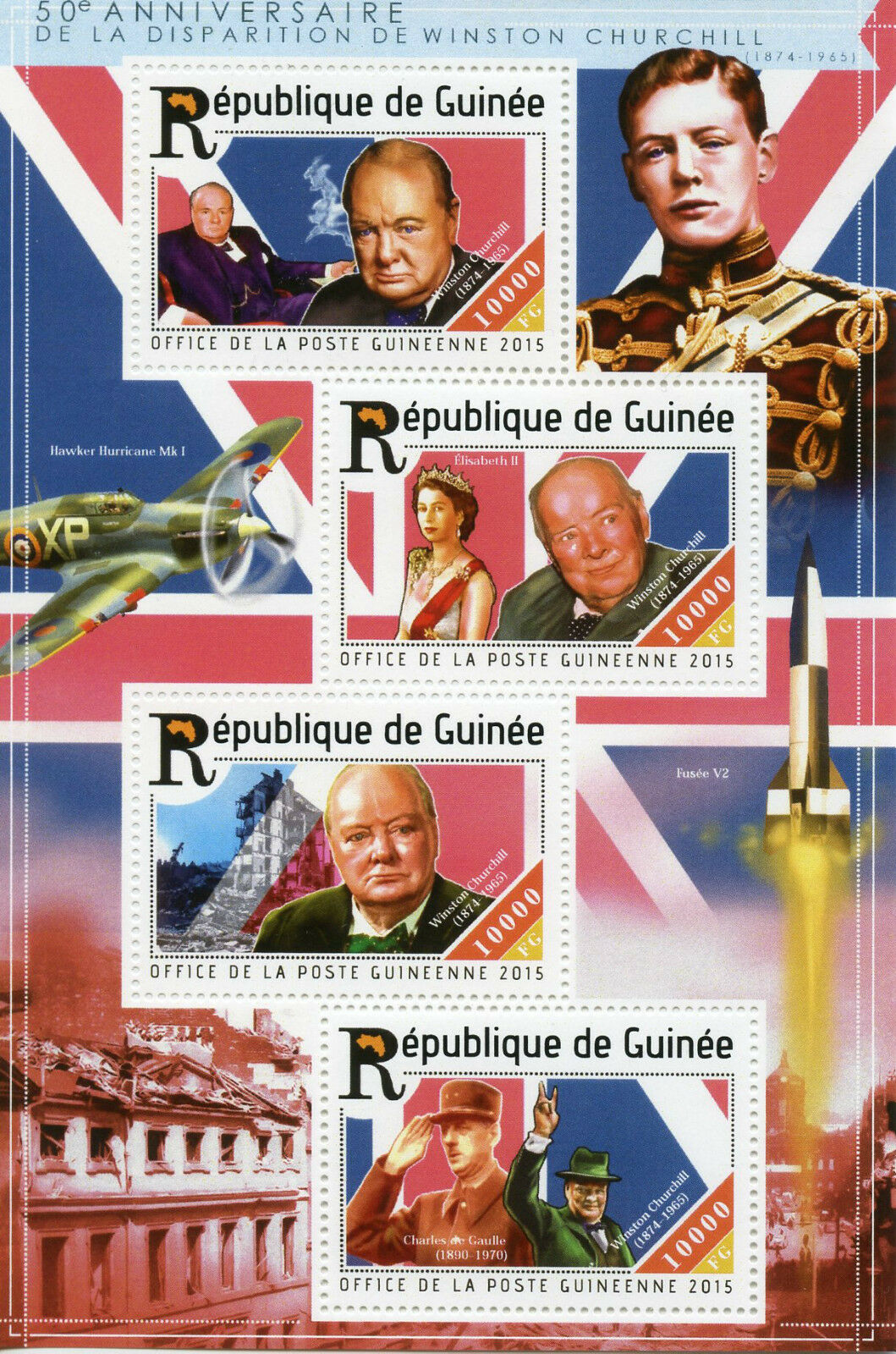 Guinea 2015 MNH Winston Churchill 50th Memorial 4v M/S Charles De Gaulle Stamps