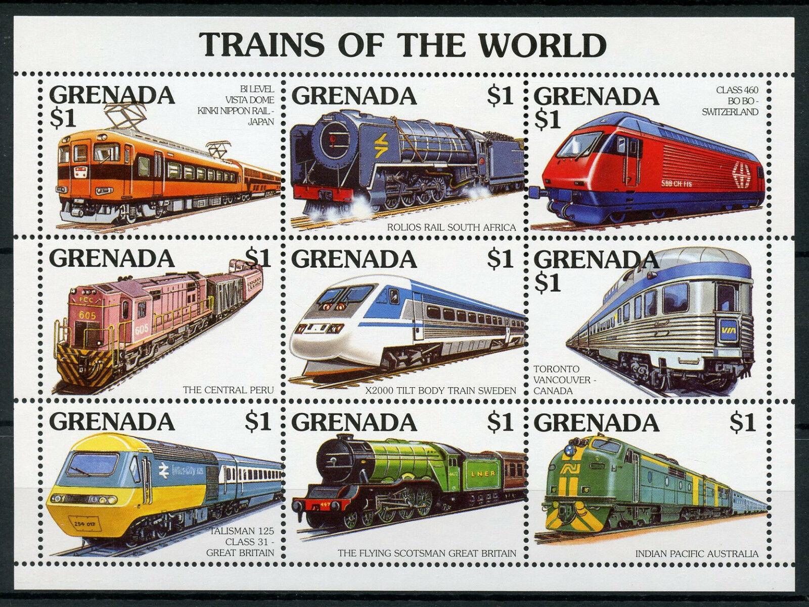 Grenada 1995 MNH Rail Stamps Trains of the World Railways 9v M/S II