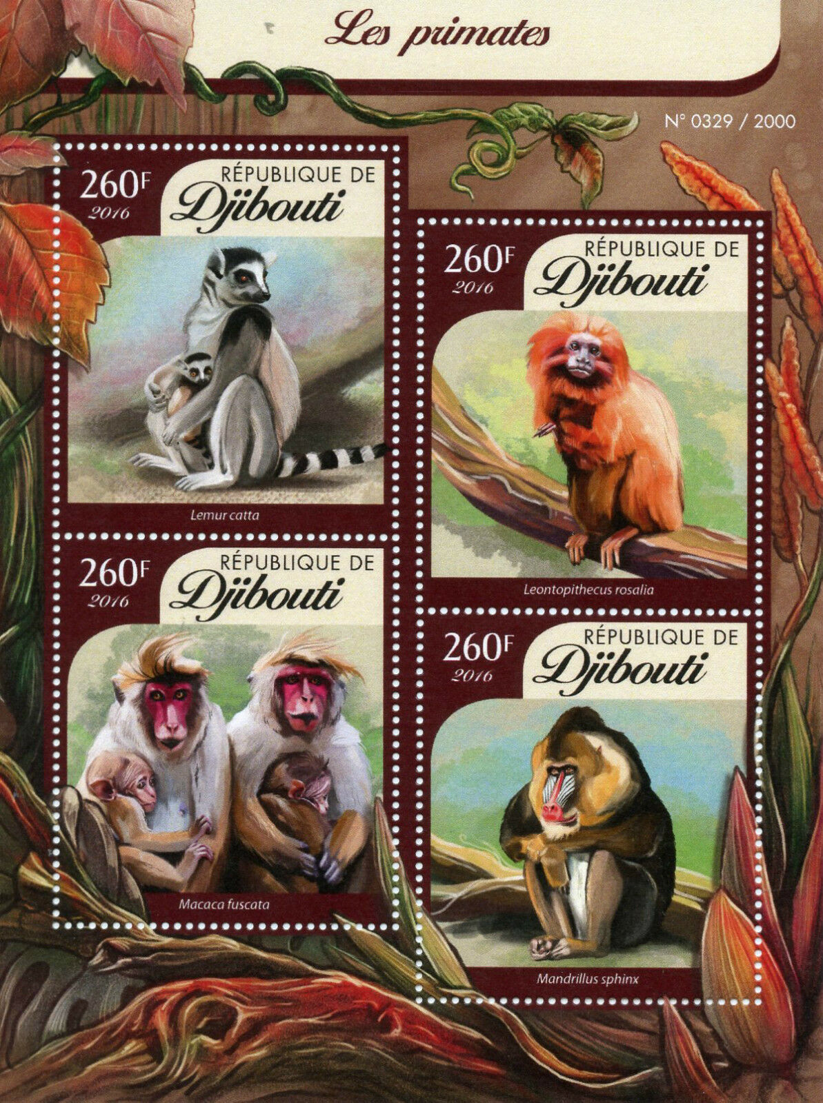 Djibouti 2016 MNH Primates 4v M/S Wild Animals Monkeys Apes Lemurs Stamps