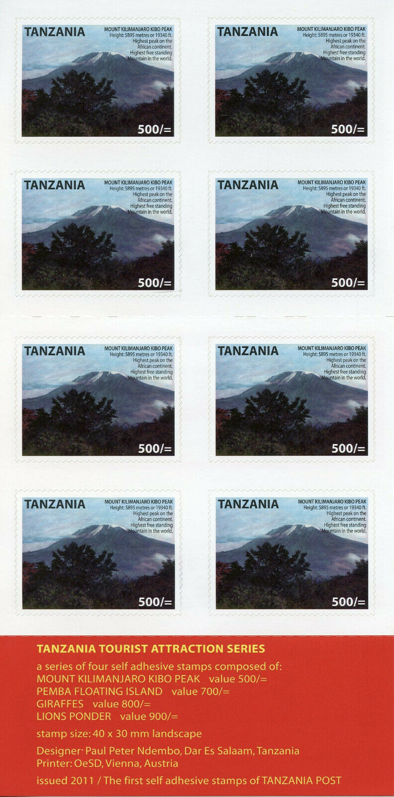 Tanzania 2011 MNH Tourism Stamps Mount Kilimanjaro Mountains 8v S/A Booklet
