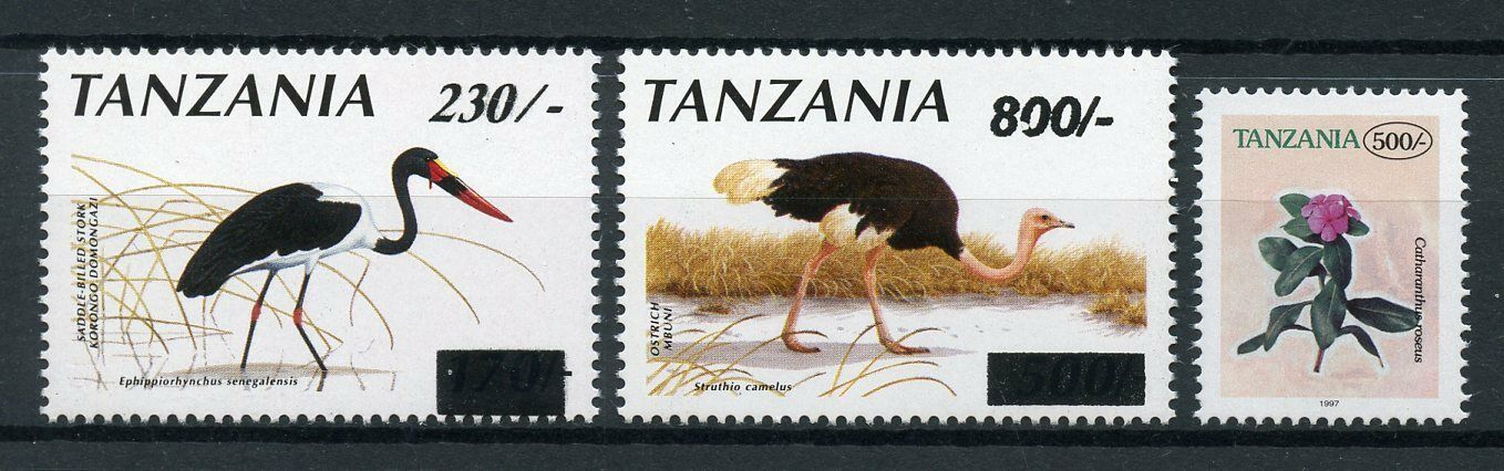 Tanzania Birds on Stamps 2004 MNH Revalued OVPT & Flowers Definitives 3v Set