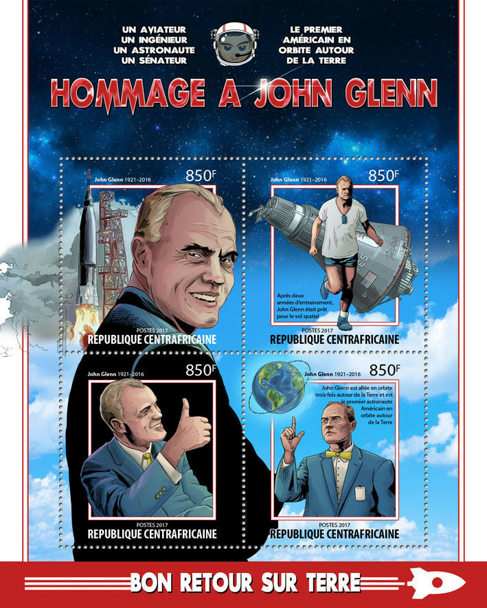 Central African Republic 2017 MNH John Glenn Tribute 4v M/S Space Stamps