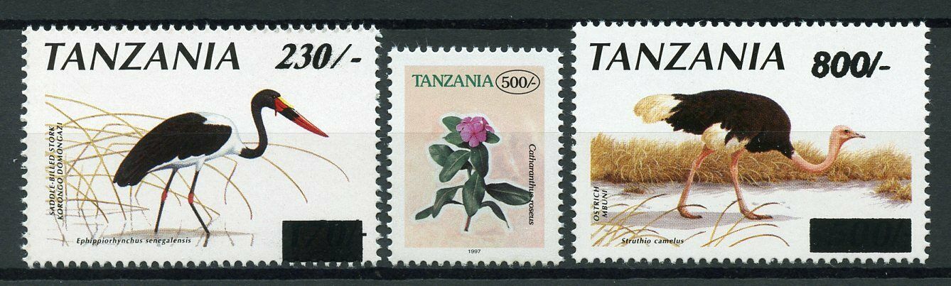 Tanzania Birds on Stamps 2004 MNH Revalued OVPT & Flowers Definitives 3v Set