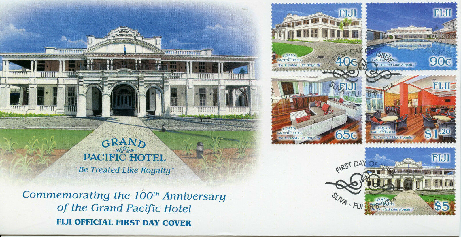 Fiji 2014 FDC Grand Pacific Hotel 5v Set Cover Hotels Architecture Stamps