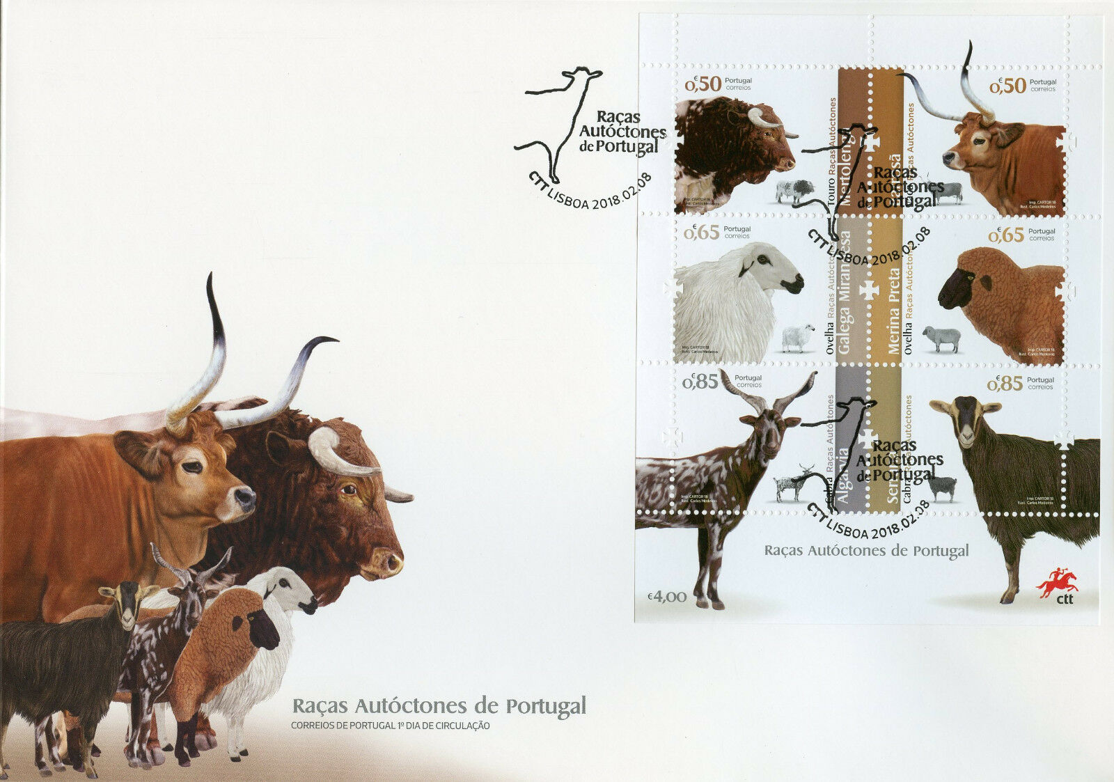 Portugal 2018 FDC Portuguese Breeds Cows Sheep 6v M/S Cover Farm Animals Stamps