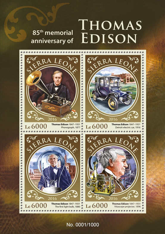 Sierra Leone 2016 MNH Thomas Edison 85th Memorial 4v MS Science Invention Stamps