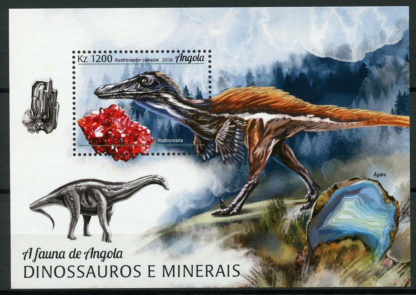 Angola Dinosaurs Stamps 2018 MNH Minerals Austroraptor Rhodochrosite 1v M/S