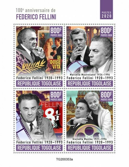 Togo Famous People Stamps 2020 MNH Federico Fellini Film Directors 4 M/S
