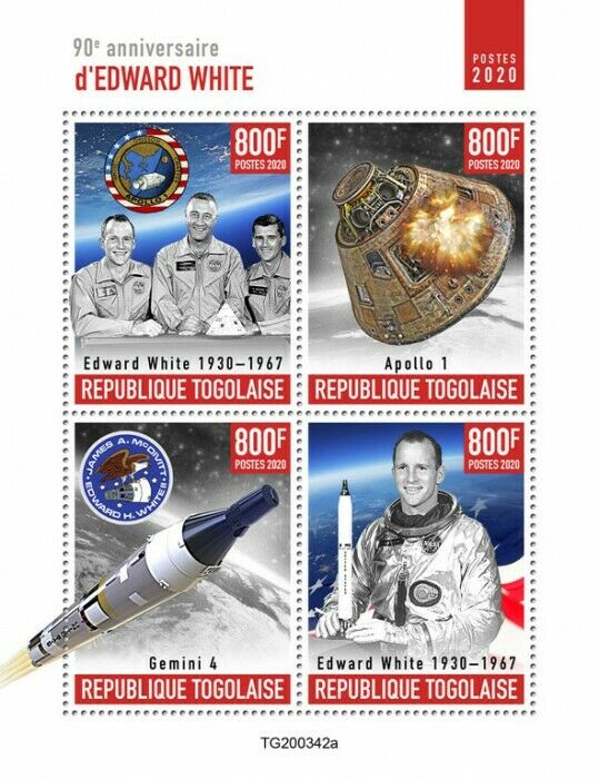 Togo Space Stamps 2020 MNH Edward White Apollo 1 Gemini 4 Famous People 4v M/S