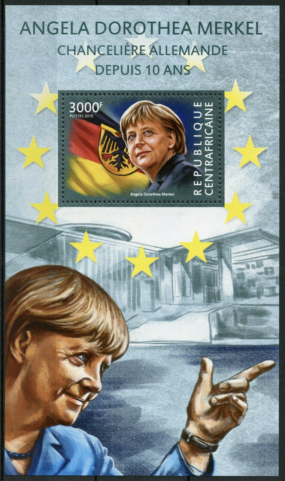 Central African Rep 2015 MNH Famous People Stamps Angela Merkel Flags Politicians 1v S/S
