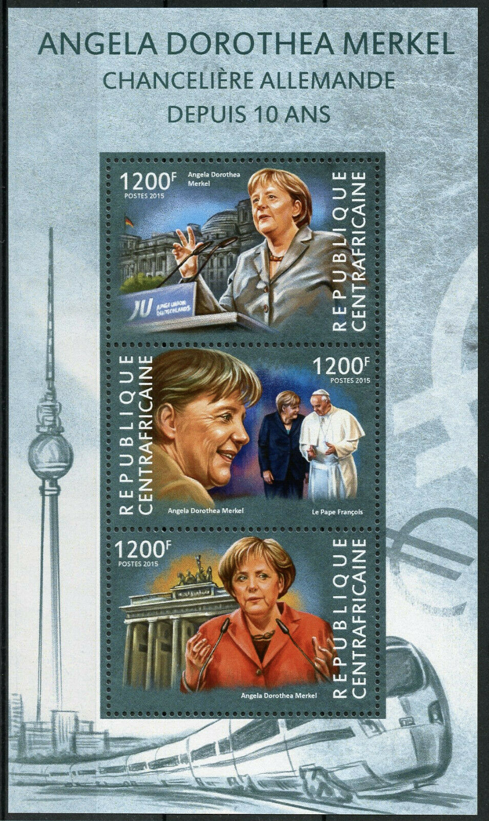 Central African Rep 2015 MNH Famous People Stamps Angela Merkel Politicians 3v M/S