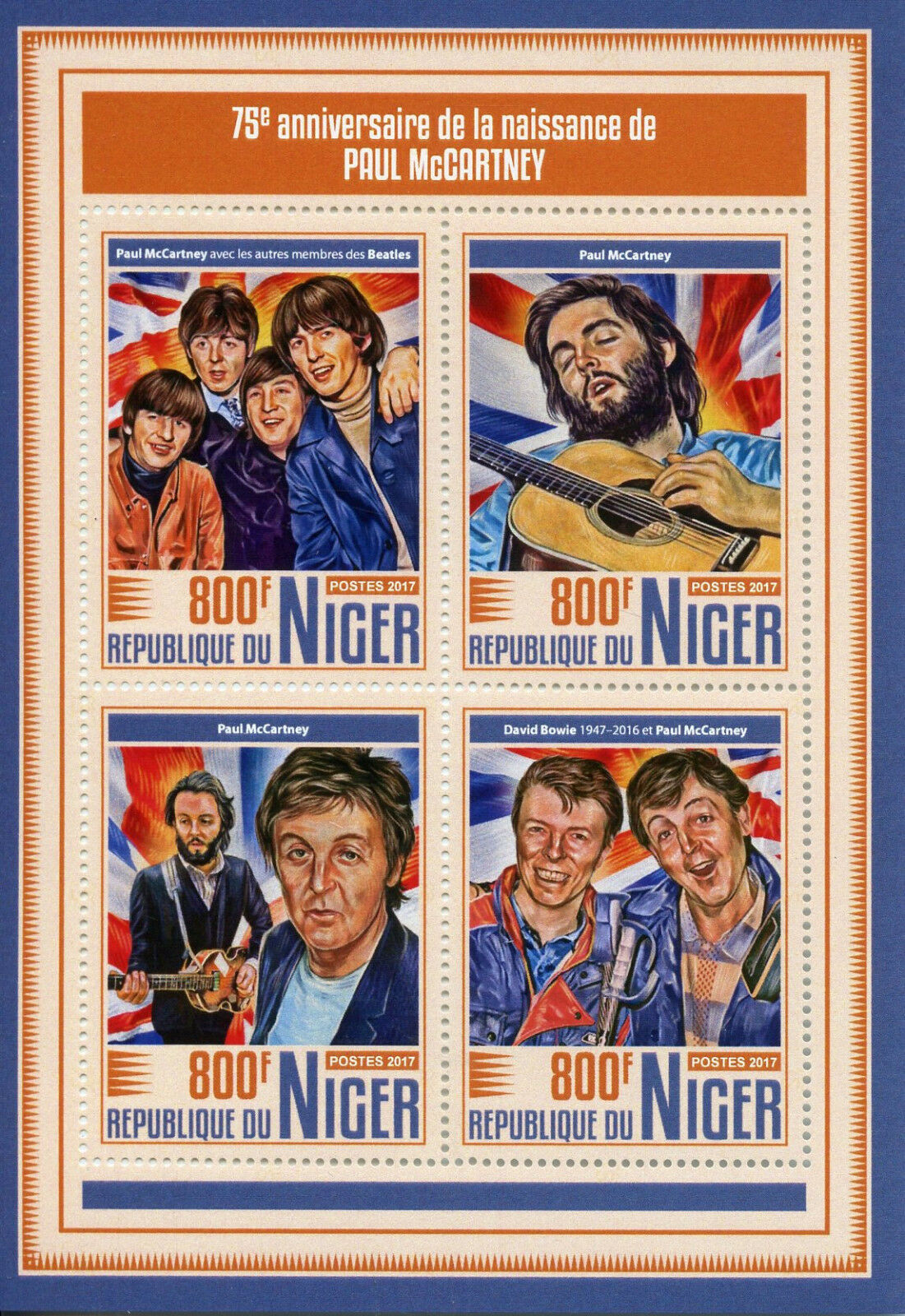 Niger Music Stamps 2017 MNH Paul McCartney Beatles David Bowie People 4v M/S