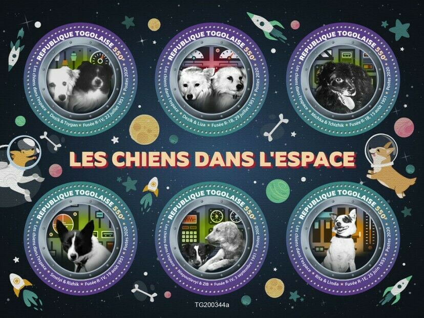 Togo 2020 MNH Dogs in Space Stamps Dezik Tsygan Liza Michka Tchizhik 6v M/S