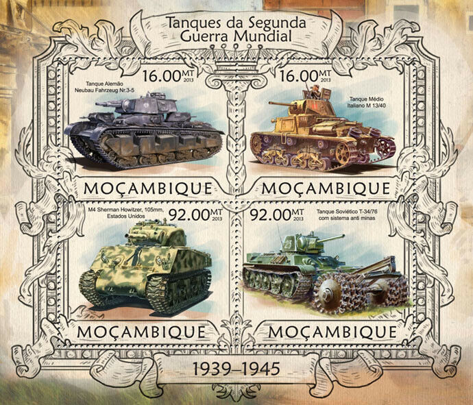 Mozambique Military Stamps 2013 MNH WWII WW2 Tanks M4 Sherman Howitzer 4v M/S