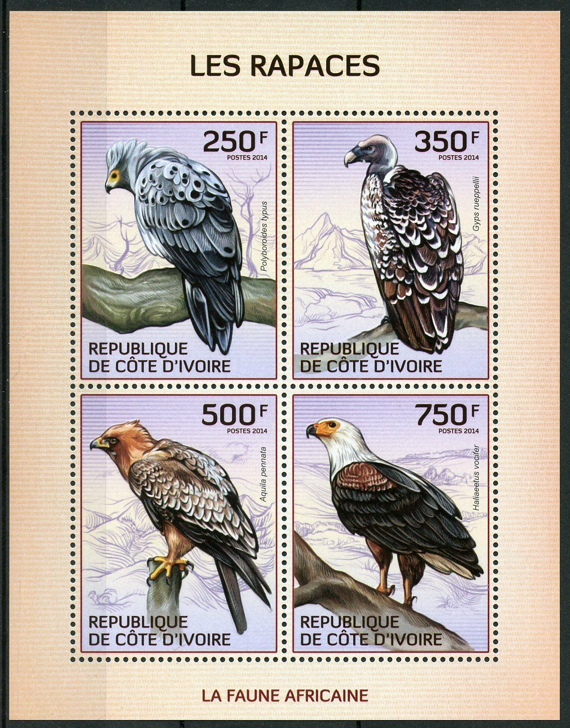 Ivory Coast 2014 MNH Birds of Prey on Stamps Eagles Vultures Fauna 4v M/S