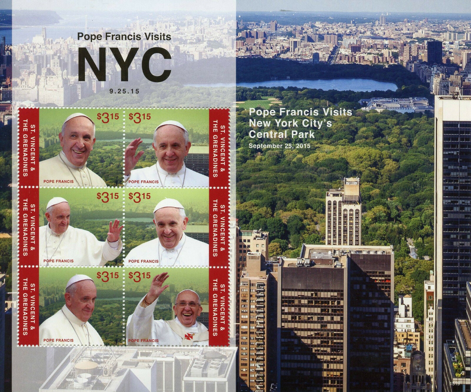 St Vincent & The Grenadines 2015 MNH Pope Francis Visits NYC Central Park 6v M/S