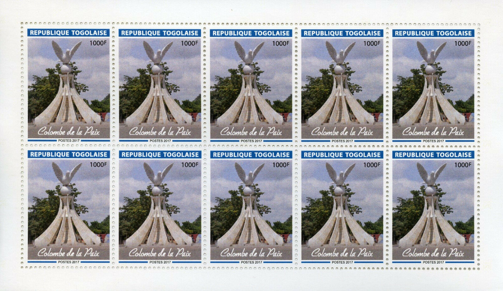 Togo 2017 MNH Dove of Peace Statue 10v M/S Doves Birds Art Architecture Stamps