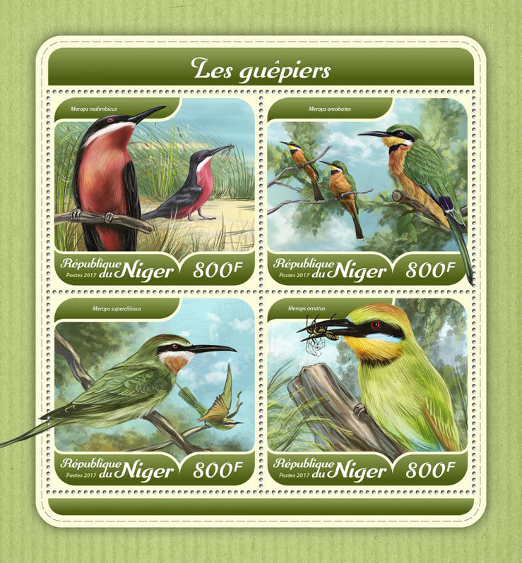 Niger 2017 MNH Birds on Stamps Bee-Eaters Bee-Eater 4v M/S