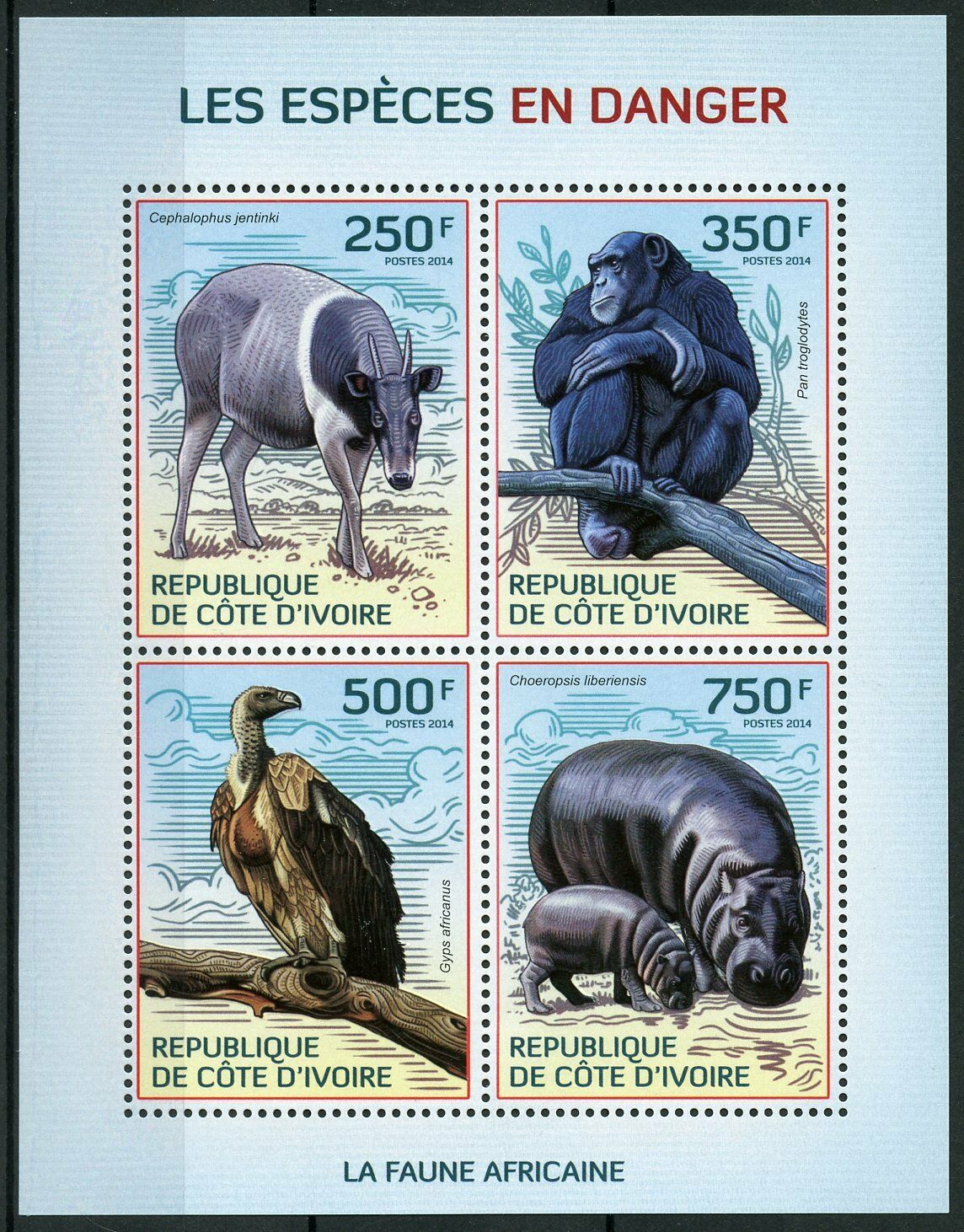Ivory Coast Wild Animals Stamps 2014 MNH Endangered Species Monkeys Fauna 4v M/S