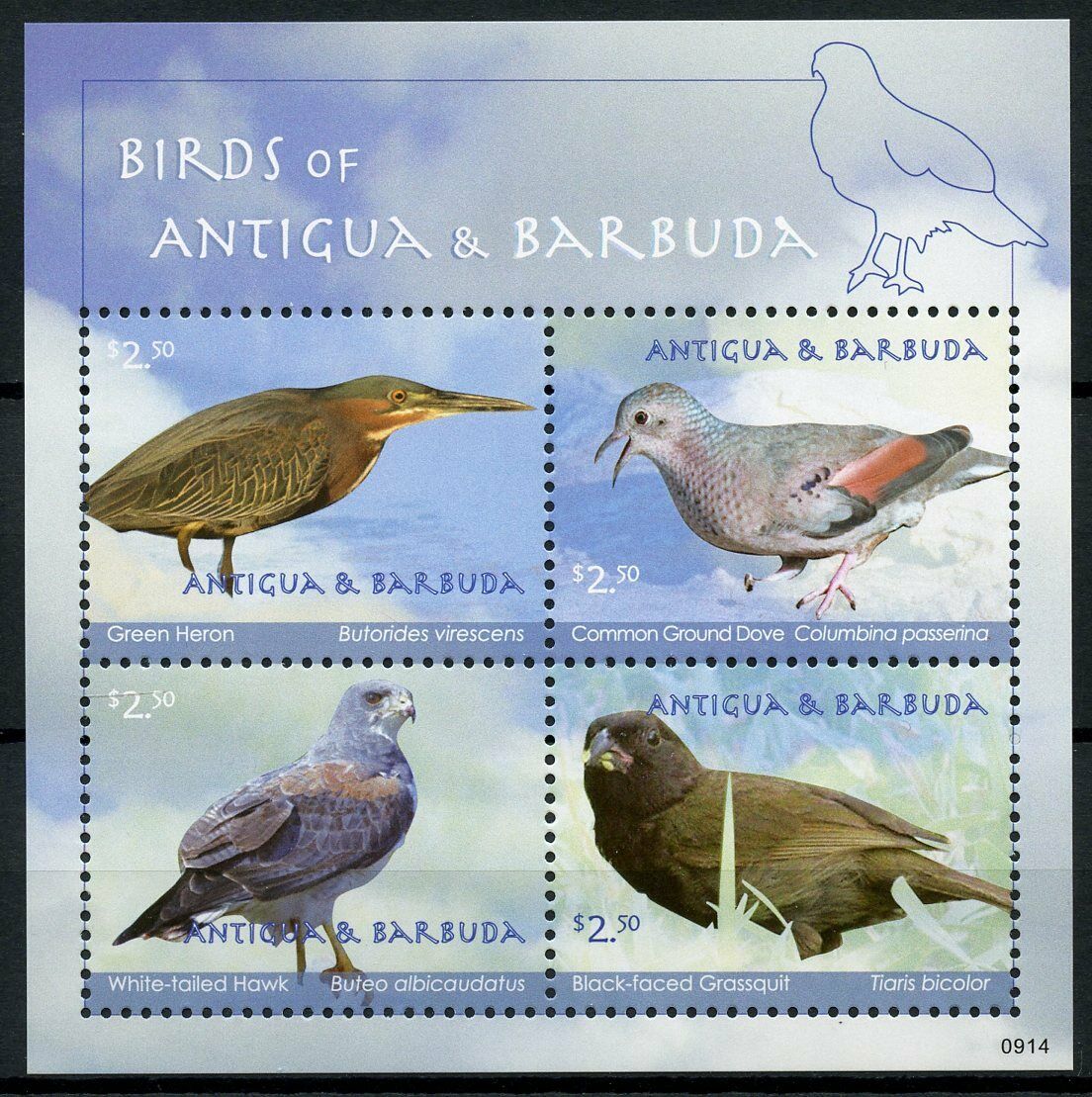 Antigua & Barbuda 2009 MNH Birds on Stamps Herons Hawks Grassquit Doves 4v M/S
