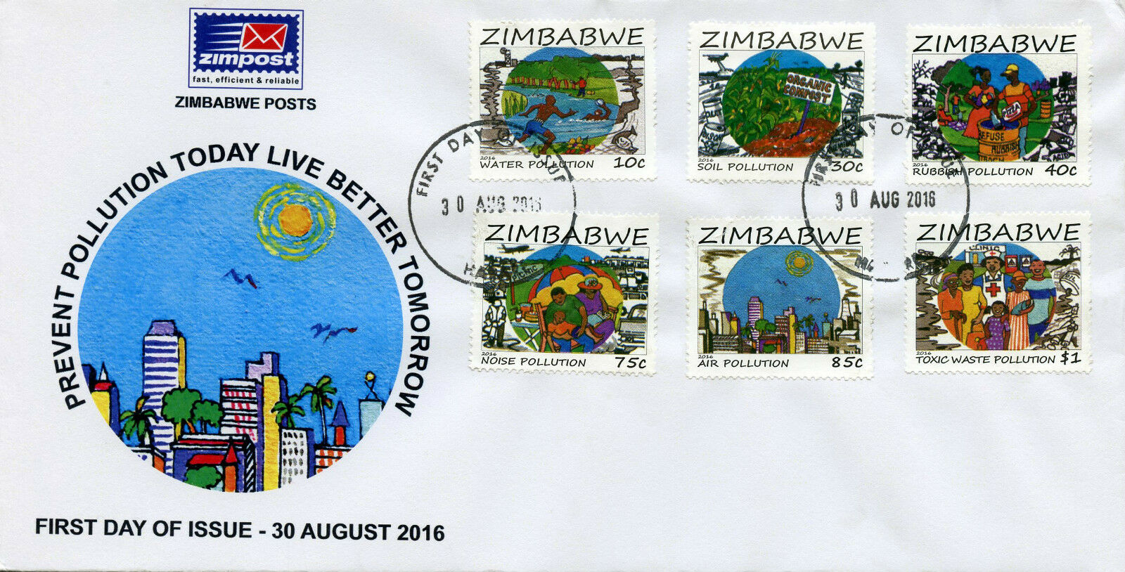 Zimbabwe 2016 FDC Prevent Pollution 6v Set Cover Science Environment Stamps