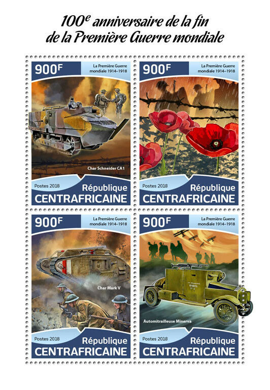 Central African Rep Military Stamps 2018 MNH WW1 WWI End of World War I 4 M/S