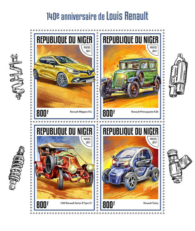 Niger 2017 MNH Louis Renault Megane Twizy Primaquatre 4v M/S Cars Stamps