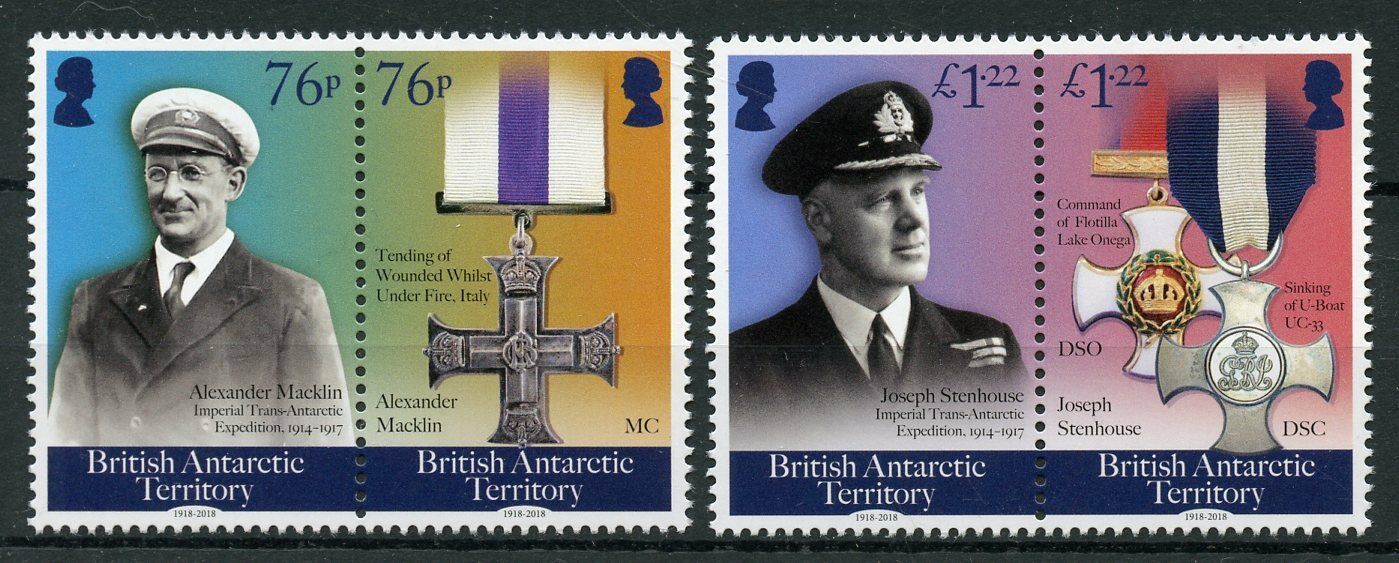 BAT 2018 MNH Military Stamps WWI WW1 Shackleton Alexander Macklin Stenhouse Medals 4v Set
