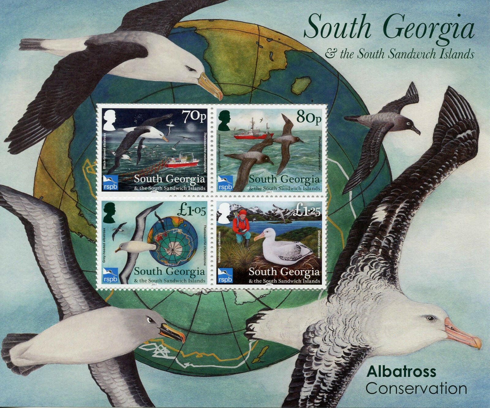 South Georgia & Sandwich Isl Birds Stamps 2017 MNH Albatross Consrv RSPB 4v M/S