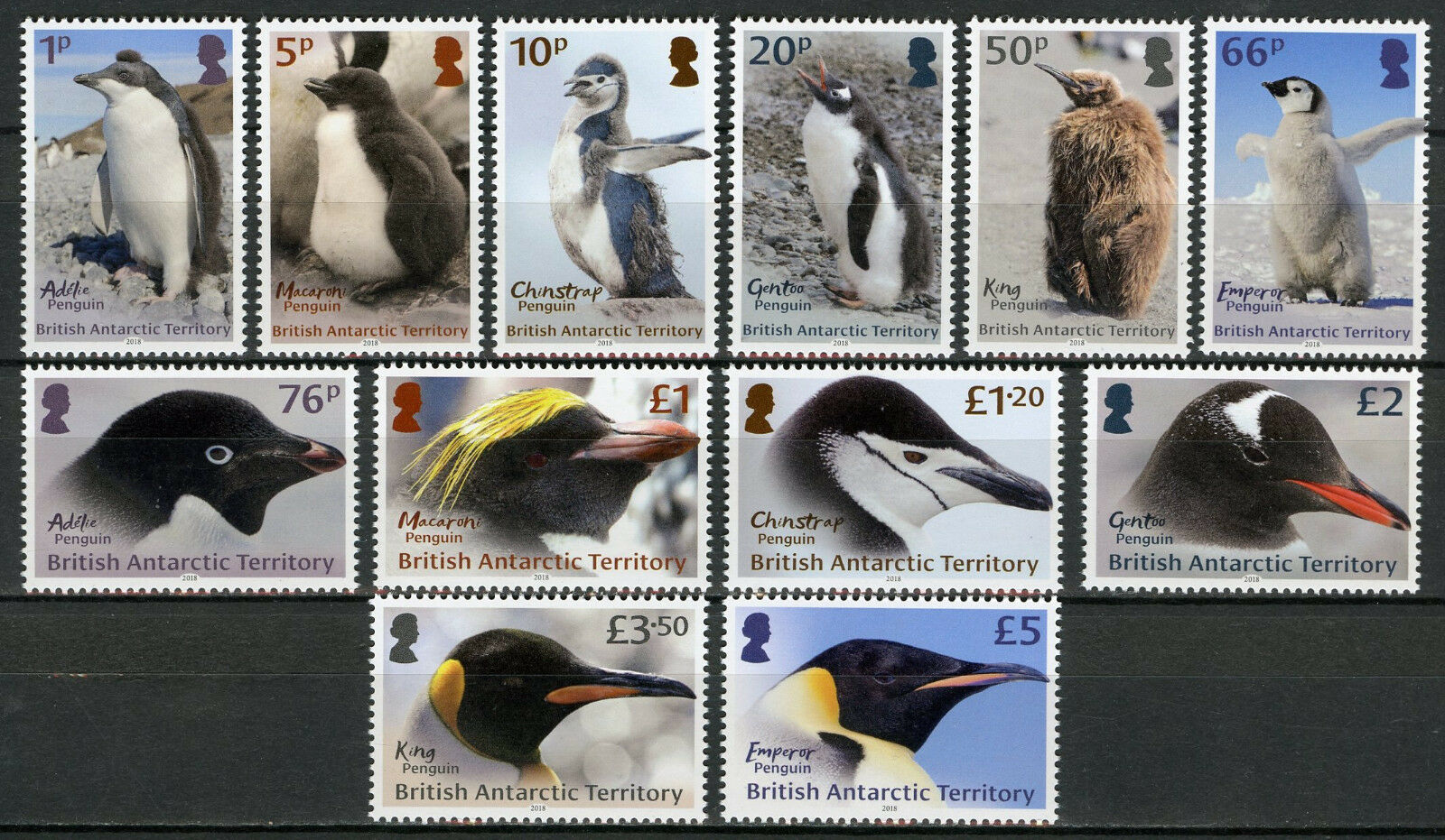 BAT 2018 MNH Birds on Stamps Penguins Definitives 12v Set