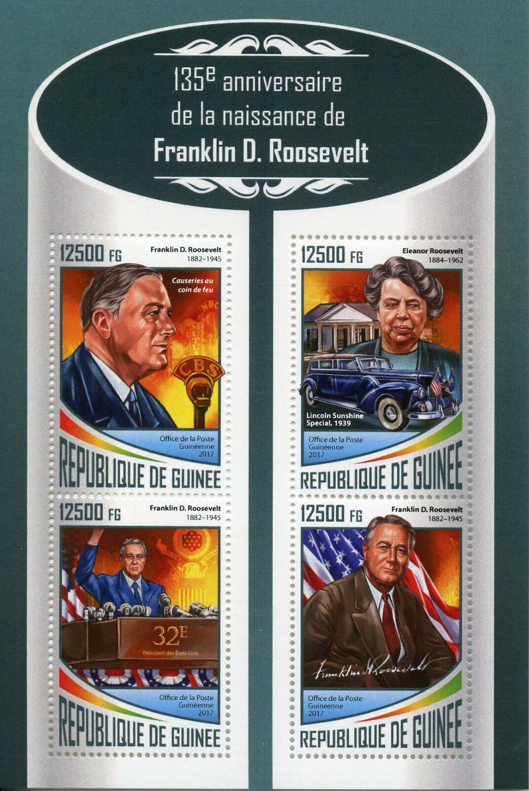 Guinea 2017 MNH Franklin D. Roosevelt 4v M/S US Presidents Famous People Stamps