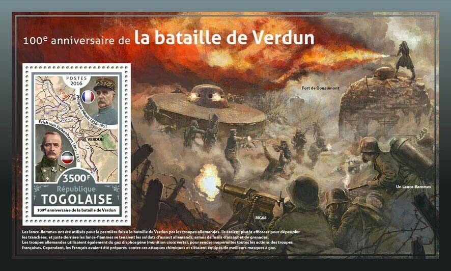 Togo Military & War Stamps 2016 MNH WWI WW1 Battle of Verdun Falkenhayn 1v S/S