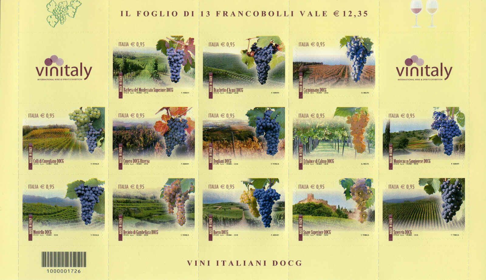 Italy 2016 MNH Italian Wines DOCG VinItaly 13v S/A M/S Grapes Vineyards Stamps