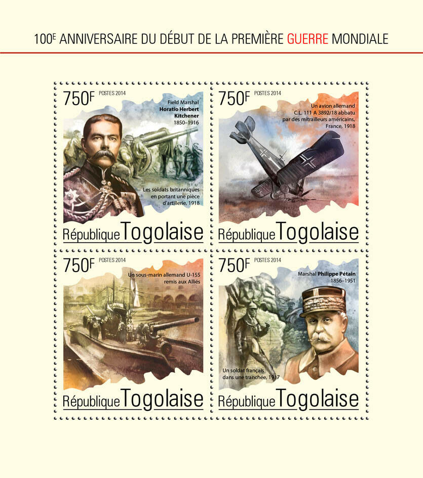 Togo Military & War Stamps 2014 MNH WWI WW1 Kitchener Submarines Aviation 4v M/S