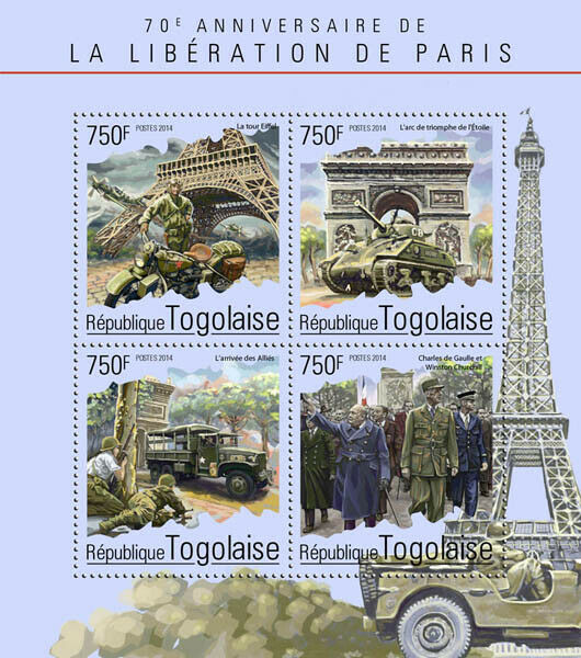 Togo 2014 MNH Military Stamps WWII WW2 Liberation Paris De Gaulle Tanks 4v M/S