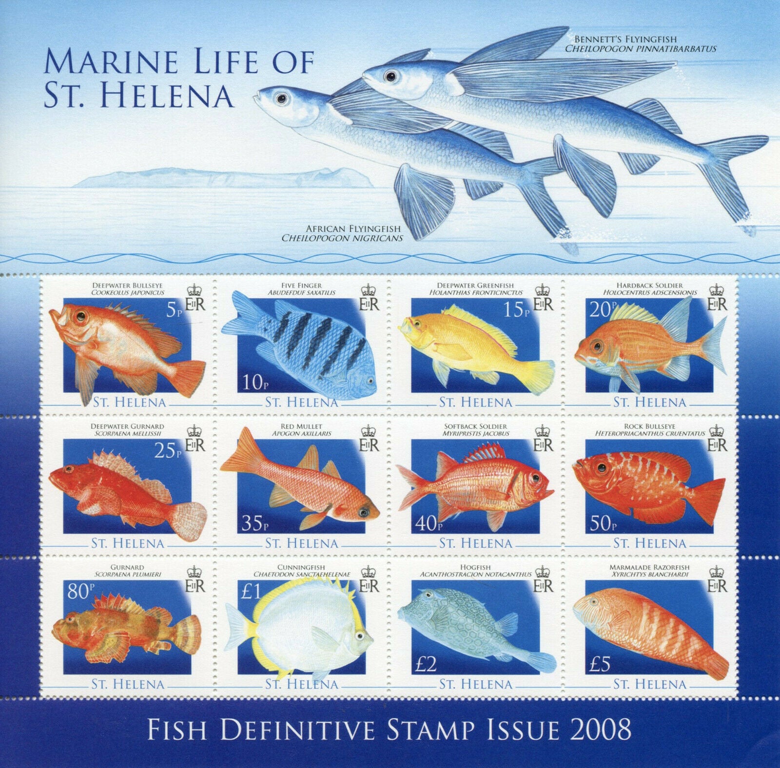 St Helena Fishes Stamps 2008 MNH Fish Definitives Gurnard Mullet Hogfish 12v M/S