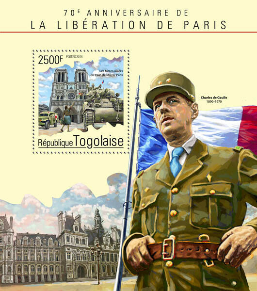 Togo Military Stamps 2014 MNH WWII WW2 Liberation Paris De Gaulle Tanks 1v S/S