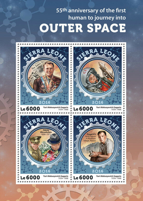 Sierra Leone 2016 MNH Yuri Gagarin 1st Human Into Outer Space 4v M/S Stamps