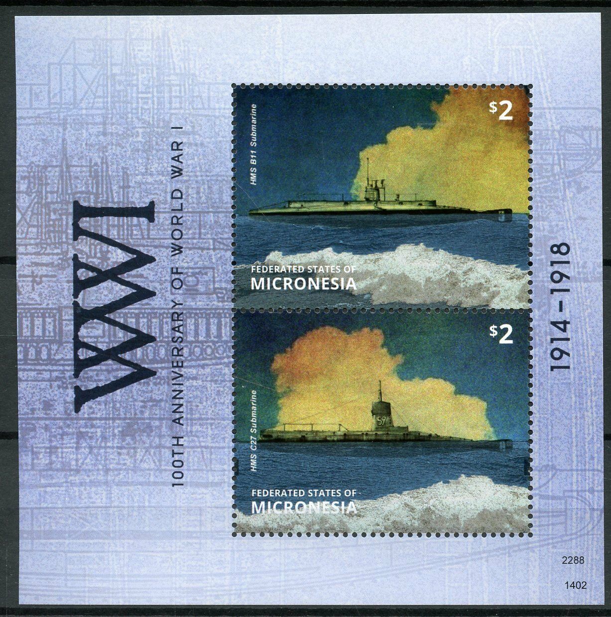Micronesia 2014 MNH WWI 100th Anniv World War I Submarines 2v S/S Ships Stamps