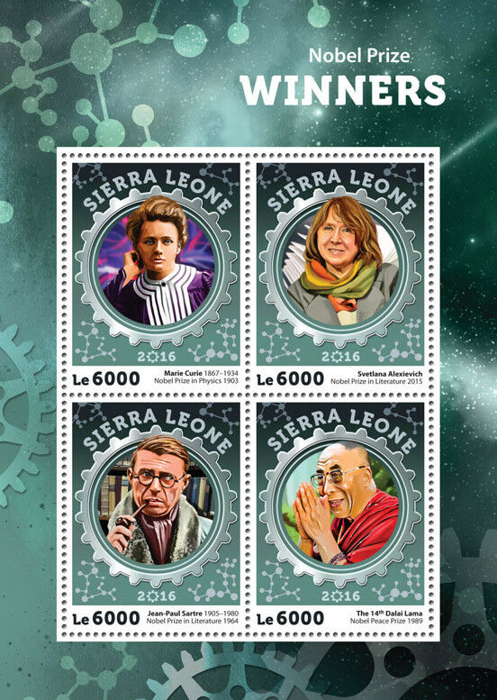 Sierra Leone 2016 MNH People Stamps Nobel Prize Winners Dalai Lama Marie Curie 4v M/S
