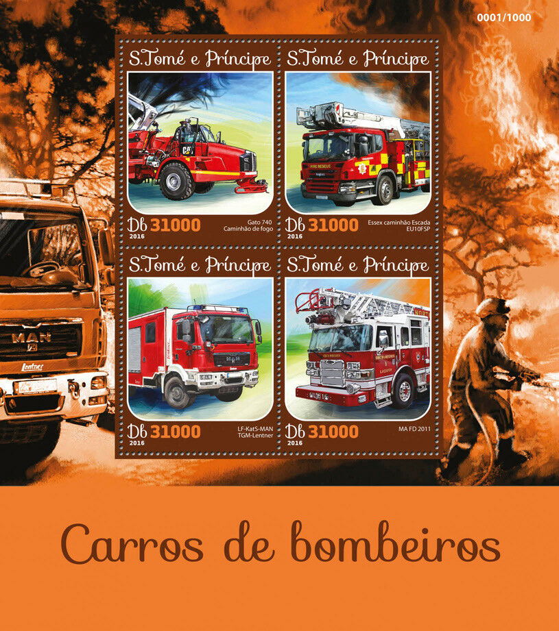 Sao Tome & Principe 2016 MNH Fire Engines Essex Ladder Trucks 4v M/S Stamps