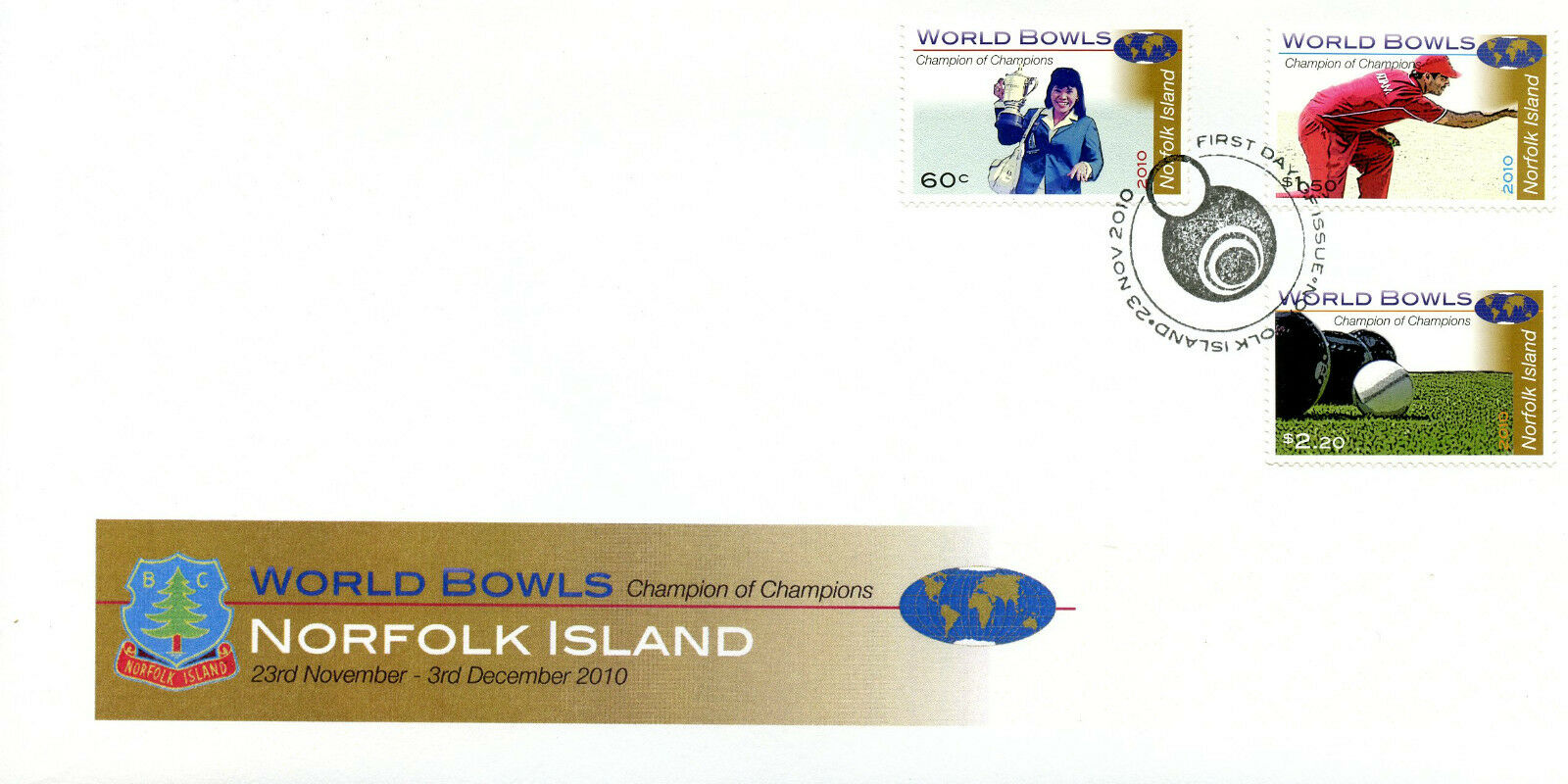 Norfolk Island 2010 FDC World Bowls Champion of Champions 3v Cover Sports Stamps