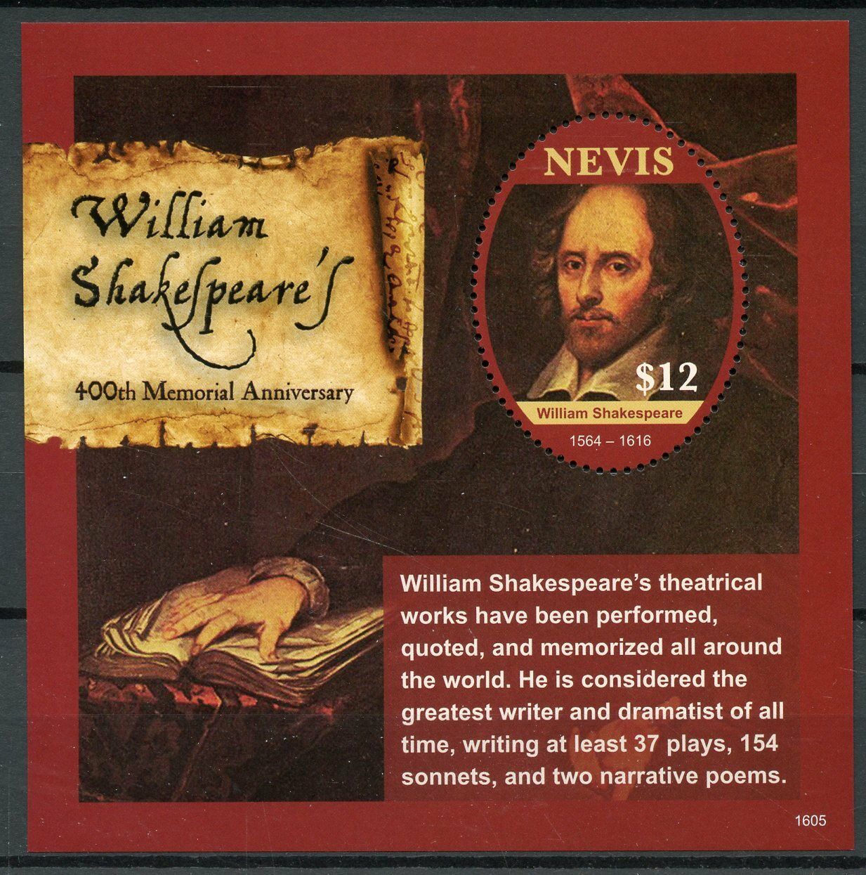 Nevis Famous People Stamps 2016 MNH William Shakespeare 400th Mem Writers 1v S/S