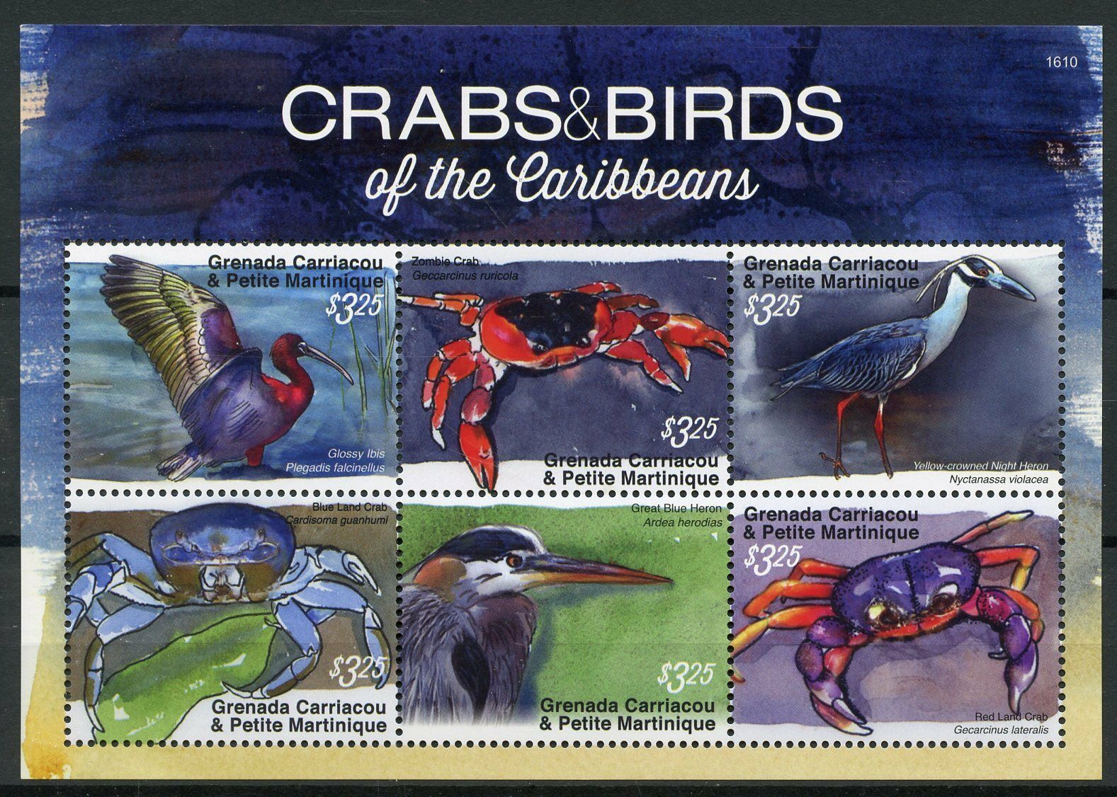 Grenadines Grenada 2016 MNH Crabs & Birds of Caribbean 6v M/S Crustaceans Stamps