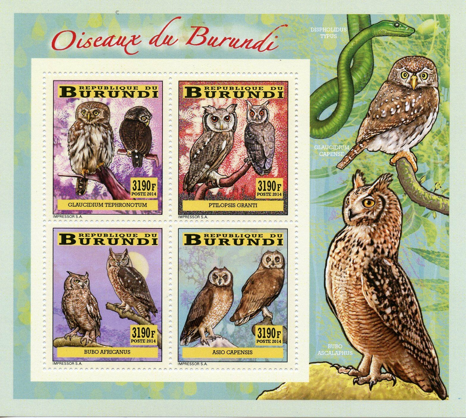 Burundi 2014 MNH Birds of Burundi Owls 4v Deluxe M/S Owlet Marsh Owl