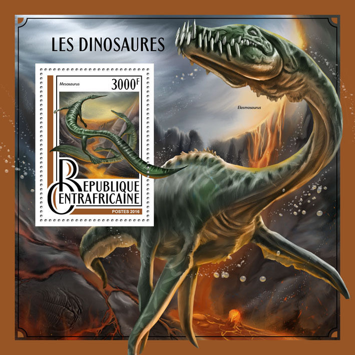 Central African Rep 2016 MNH Dinosaurs Mesosaurus Elasmosaurus 4v M/S Stamps