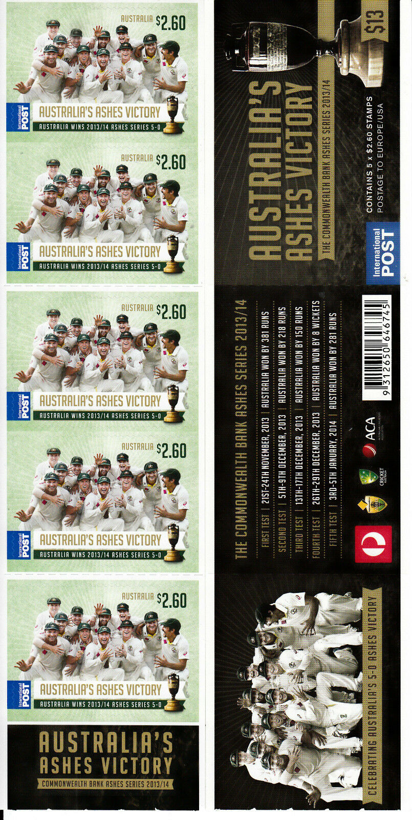 Australia 2014 MNH Ashes Victory Urn Returns 5v S/A Sheetlet Int Value Cricket