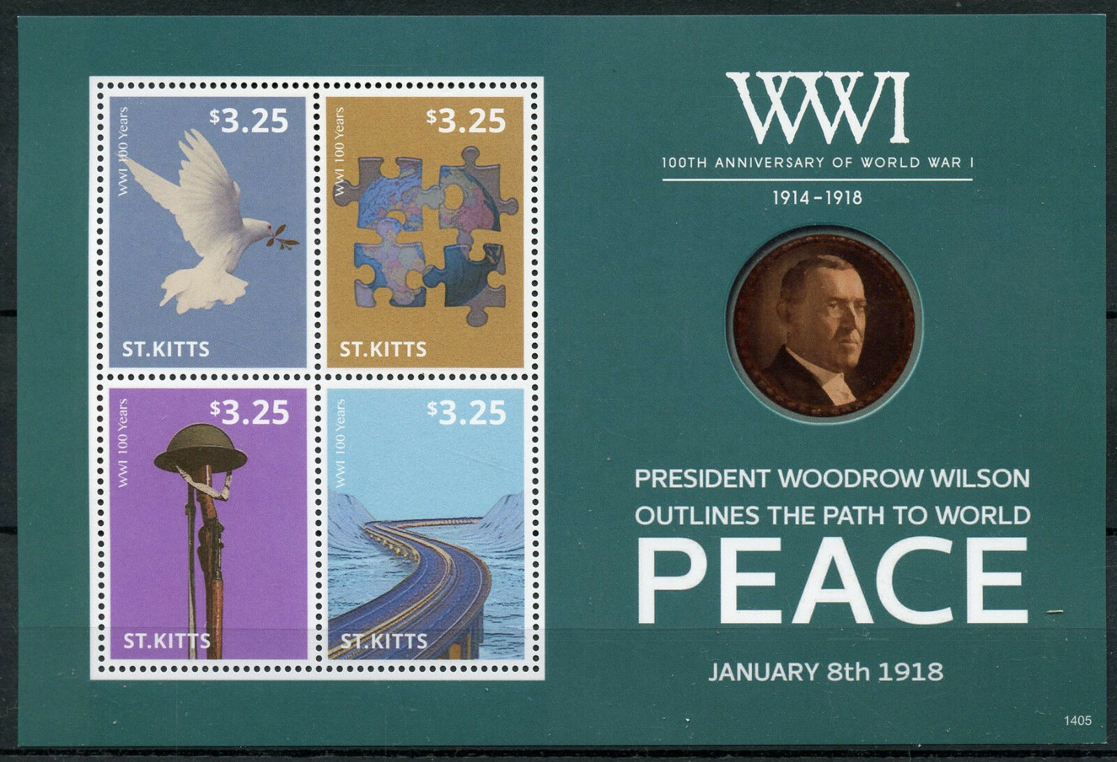St Kitts 2014 MNH WWI WW1 Peace Woodrow Wilson 4v M/S Military War Stamps