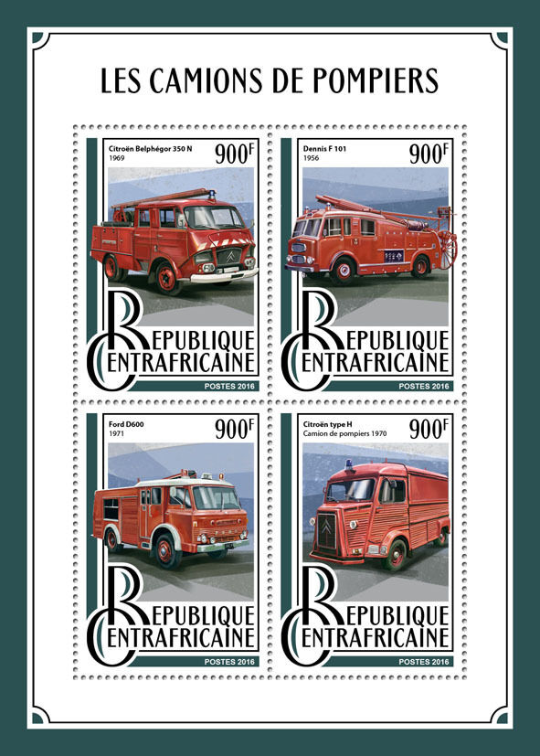 Central African Rep Fire Engines Stamps 2016 MNH Trucks Ford D600 Dennis 4v M/S