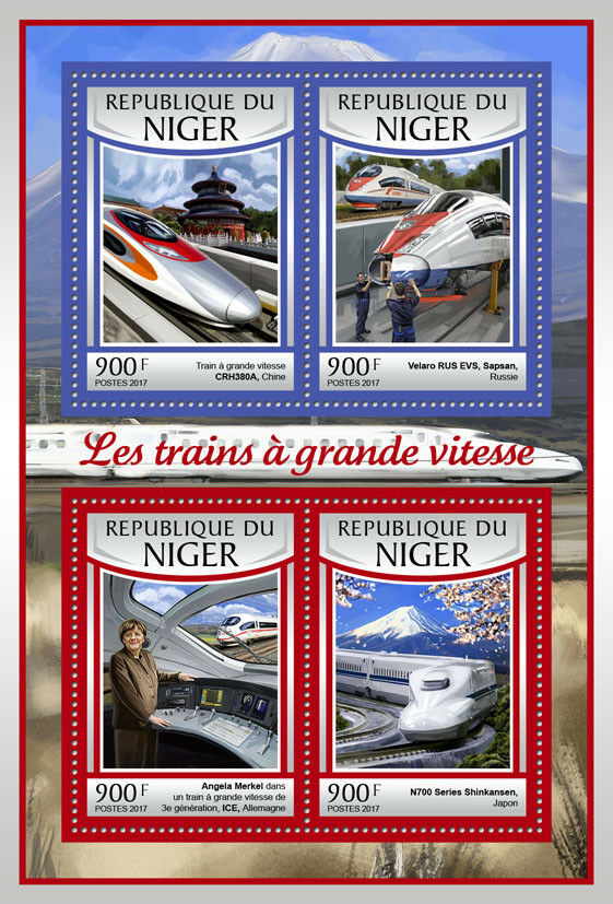 Niger 2017 MNH High-Speed Trains ICE Shinkansen Angela Merkel 4v M/S Rail Stamps